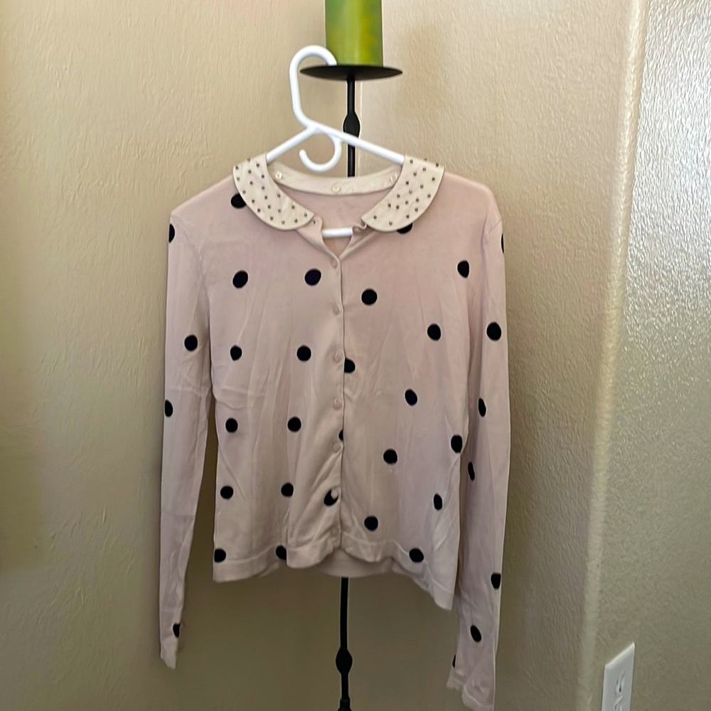 Beige Polka-Dot Cardigan with Detachable Beaded Collar